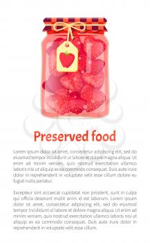 Preserved food poster strawberry jam or sweet compote in glass jar decorated by bow tied lid. Homemade berry conservation flat vector, text sample