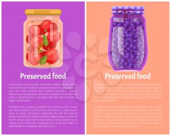 Preserved food posters tomatoes and blueberries or blackberries in unlabeled glass jars. Fruits and vegetables preservation vector conserved snacks