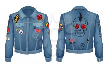 Clothing design rock and roll style color layout, isolated on white background denim jacket with printed skull rose hearts, guitar and peace symbol