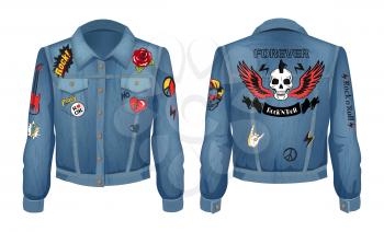 Rock and roll forever prints set on denim wear, isolated on white backdrop vector illustration of apparel for hard music fans, skull with color wings