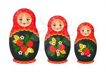 Matryoshka nesting Russian doll. Handmade crafted ethnical set made in Russia with floral elements. Leaves and strawberries on it vector illustration