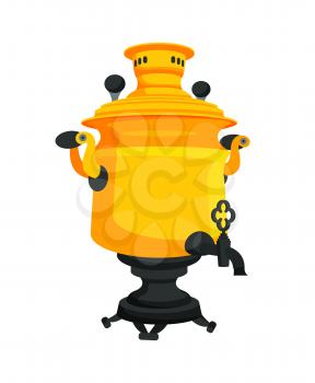 Samovar traditional Russian item. Highly decorated tea urn used in Russia in winter period to make hot beverages. Drinks making vector illustration