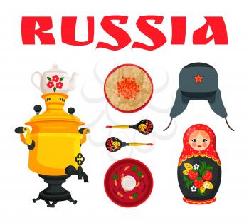 Russian culture symbol borscht with sour cream and wheat porridge, samovar and painted wooden spoon, ushanka hat and nesting doll illustration set.