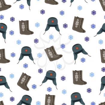 Felt boot and warm hat red star of communist party seamless pattern. Snowflakes winter season clothing. Russian style isolated on vector illustration