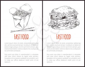 Fastfood set hamburger and noodles with chopsticks. Ham with buns, vegetables and tomatoes. Monochrome sketches outline icons vector illustration