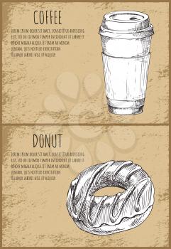 Coffee drink poured in plastic cup, beverage. Posters set with monochrome sketches outline. Donut dessert chocolate sweet icons vector illustration