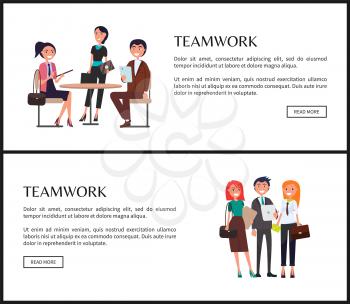 Teamwork promo poster with young employees set. Men and women in formal clothes hold briefcases or tablets online web pages vector illustrations.