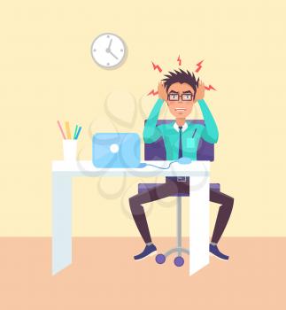 Worker working in office having headache, sitting by computer table trying to cope with anger and irritation because of problems vector illustration