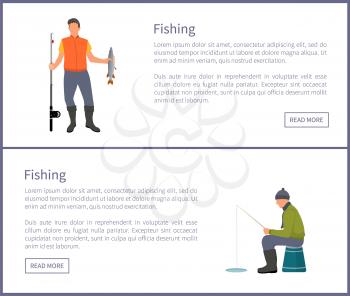 Fishing posters set and headlines. Men with rods catching fish animal dwelling in river or lake. Peoples hobbies and activities vector illustration