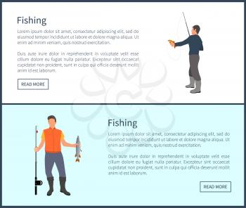 Fishing hobby of people wearing special clothes and waders to protect feet from water. Posters with man showing caught fish set vector illustration