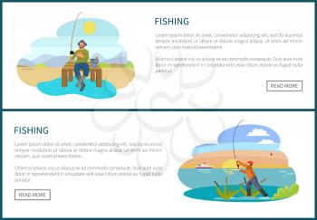 Fishermen with fishing rod and fish vector illustration. Standing and sitting fishers with full bucket and tackle isolated on landscape sport sketch