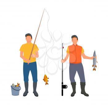 People catching fish together. Men hobby of fishing person holding limbless cold-blooded animal wearing waders and special clothes vector illustration