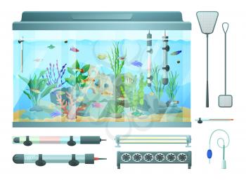 Aquarium and devices set for maintaining temperature balance. Fish and plant seaweeds with rocks. Hoop-net items, isolated on vector illustration
