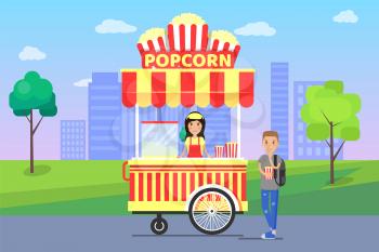 Popcorn stalls at cityscape, seller and customers eating popcorns bought from street food stall, green trees city isolated on vector illustration