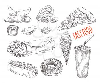 Fast food illustration for promo. Chicken nuggets and dip, chips and ice drink, pizza and hot dog, ice cream and donut monochrome sketch icons set vector