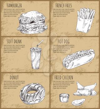 Hamburger and hot dog posters set with monochrome sketches. Soft drink and french fries, fried chicken and served ketchup sauce vector illustration