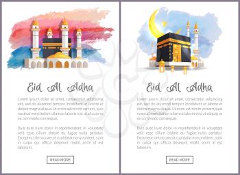 Eid Al Adha holiday Internet promo with holy place. Important religious event for muslim world commercial pages templates vector illustrations set.