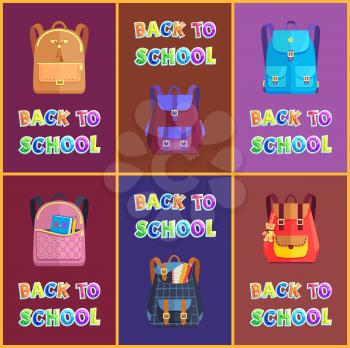 Back to school backpacks set of rucksacks. Notebook pages ruler and pencil in pocket of satchel. Book in schoolbag vector bags for schoolchildren