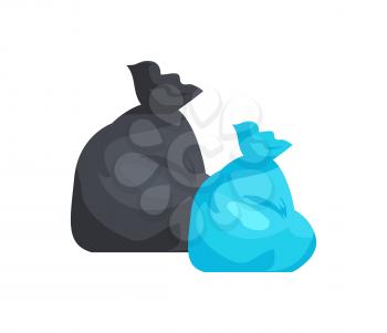 Packages full of garbage of black and blue color. Litter in polyethylene sacks. Special disposable containers for trash isolated vector illustration.