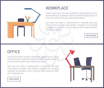 Office workplace web posters set with empty tables and chairs, lamps on desks, laptops for work set of online pages with push buttons and text samples