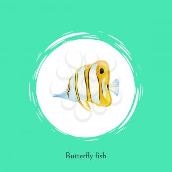 Butterfly fish green title poster. Exotic fish of unusual shape and coloring. Marine animal with long nose and striped pattern vector illustration