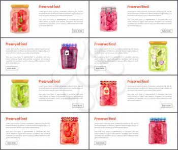 Preserved fruits and vegetables in jars online banners set. Canned or conserved food inside glass containers web pages templates vector illustrations.