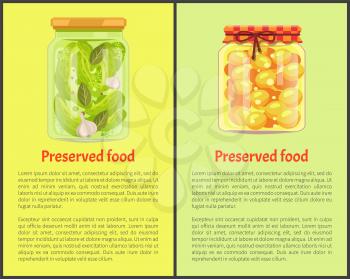 Preserved food posters, vegetable and fruit. Cucumbers with garlic, sweet ripe apricots in juice inside jars promo banners vector illustrations set.