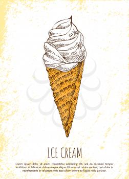 Ice cream sweety delicious colorful vector poster, isolated on bright background illustration of traditional dessert in tasty cone, dairy cold snack