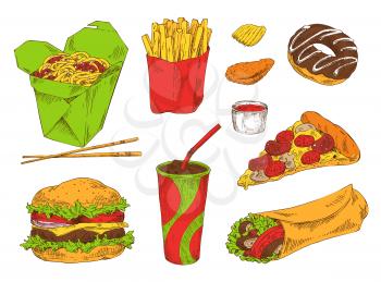 Different fast snacks set vector illustration isolated drawings of donut pizza burrito soft drink, french fries and noodle, single chip and chicken