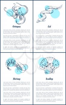 Octopus and eel posters set with headlines, text sample. Shrimp and scallop unprepared marine ingredients of exquisite dishes vector illustration