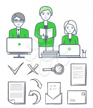Male and female, smart people working together. Collaboration and isolated icons set vector. Magnifying glass, checkmark and cross, paper and message
