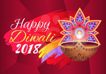 Happy Diwali festival of lights bright poster decorated with traditional candle and colorful mandala. Vector illustration with indian symbols