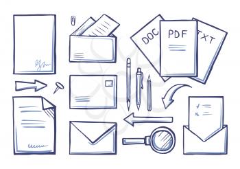 Office supplies papers and documents monochrome sketches icons set vector. Envelopes and letters pages, documents and magnifying glass with handle
