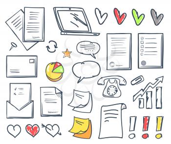 Office paper and hearts isolated icons vector. Pages and memo, notes and message in envelope, laptop screen and exclamation mark, increasing pointer