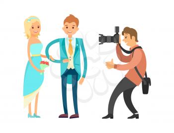 Groom in blue suit and bride wearing wedding dress and holding bouquet, digital camera vector isolated. Marriage photo session of newlyweds by photographer.