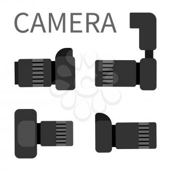 Camera studio photography equipment with zoom, analog gear with flash light vector illustration. Digital photocameras set with lens isolated on white