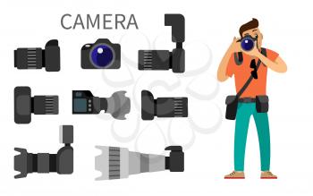 Photographer and gear with flash and zoom function, photojournalist and photographing equipment. High resolution action cameras with lens vector isolated