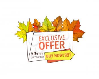Exclusive offer only one day on Thanksgiving special price 99.90 promotional label with maple leaves, oak foliage. Color autumn symbols on advert tag