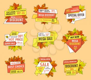 Promo tags set, special advertisement discounts on Thanksgiving day, exclusive offer buy now label with oak tree leaves. Vector autumn sale, foliage emblem