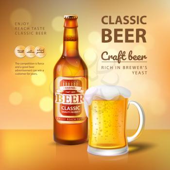 Craft beer in bottle and glass mug with foam promo poster. Alcohol drink or beverage made of organic hop and barley realistic 3D vector illustration.