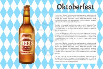 Oktoberfest poster craft beer in bottle with cap and frame for text. Alcohol drink made of hop and barley inside glass container. Label on beverage 3D vector