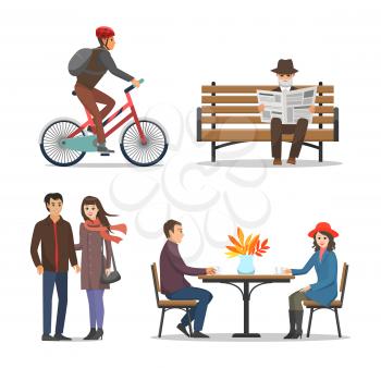 Autumn couple drinking coffee together vector. Cycling male, boy wearing helmet riding bicycle. Man and woman walking and spending time with pleasure