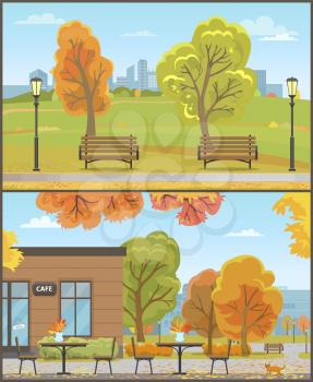 City park and empty cafe with tables and chairs autumn season set vector. Trees and foliage, wooden benches and lanterns, cityscape with skyscrapers