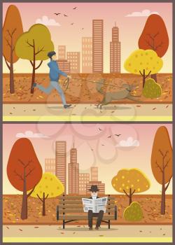 Old elderly man reading newspaper in city autumn park set vector. Male walking pet on leash, running dog wearing collar. Streets and falling leaves
