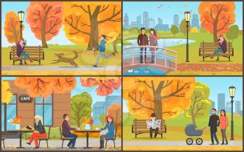 Autumn landscapes and city, town building and skyscrapers, autumnal set vector. Walking dog and reading paper, feeding geese. Couple pushing pram