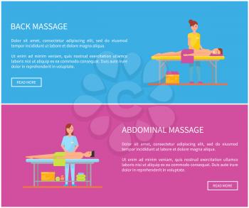 Back and abdominal massage therapy techniques. Posters set with text sample, male relaxing and woman massaging body. Masseuses and clients vector