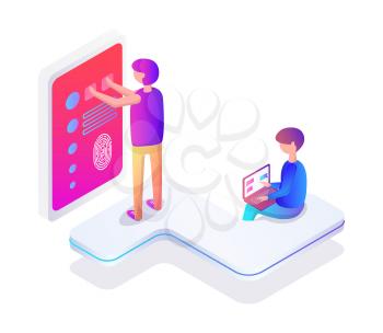 Virtual reality for girls and boys cartoon vector banner. Group of teenagers in special glasses playing video games on screen, laptop and tablet set
