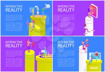 Interactive reality posters set with text sample. Digital era, people with gadgets mobile phones, laptops and vr glasses. Technology cyberspace vector