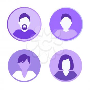 Man and woman faceless avatars set. Anonymous male and female profiles, round icons of humans from support center, businessman userpics vector isolated