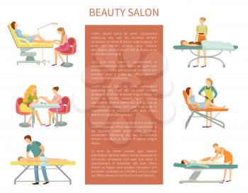 Beauty salon poster with text sample and working beauticians set vector. Pedicure and manicure, massage and chocolate spa, body wrap and depilation